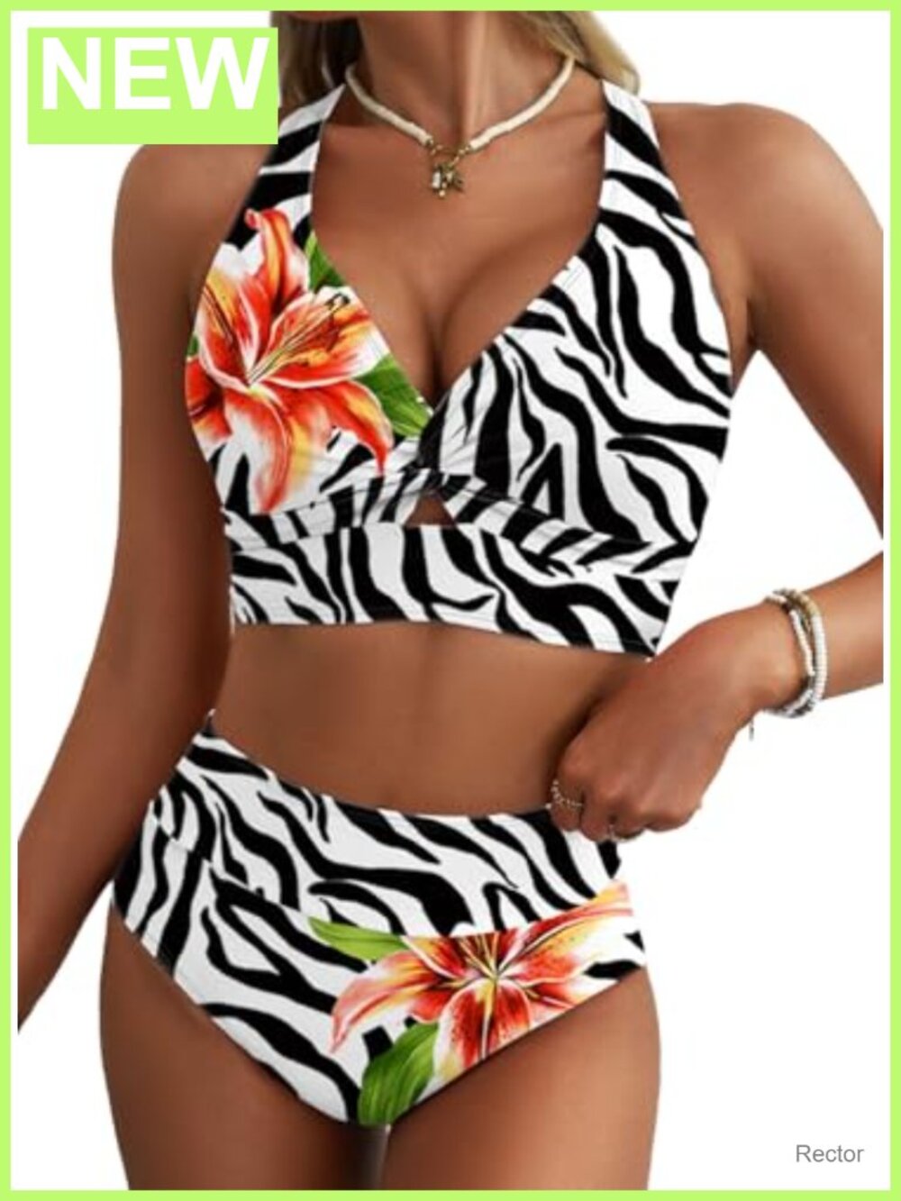 Women's Twist Front High Waisted Bikini Set Floral Two Piece Swim Suit